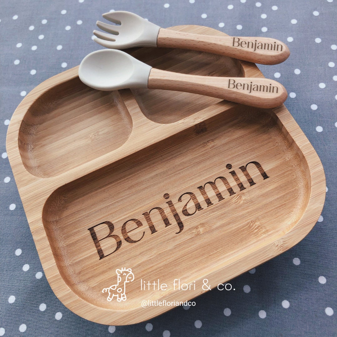 Personalised Wooden Suction Plate | Bamboo Wood | Laser Engraved | Baby Feeding | Baby Weaning